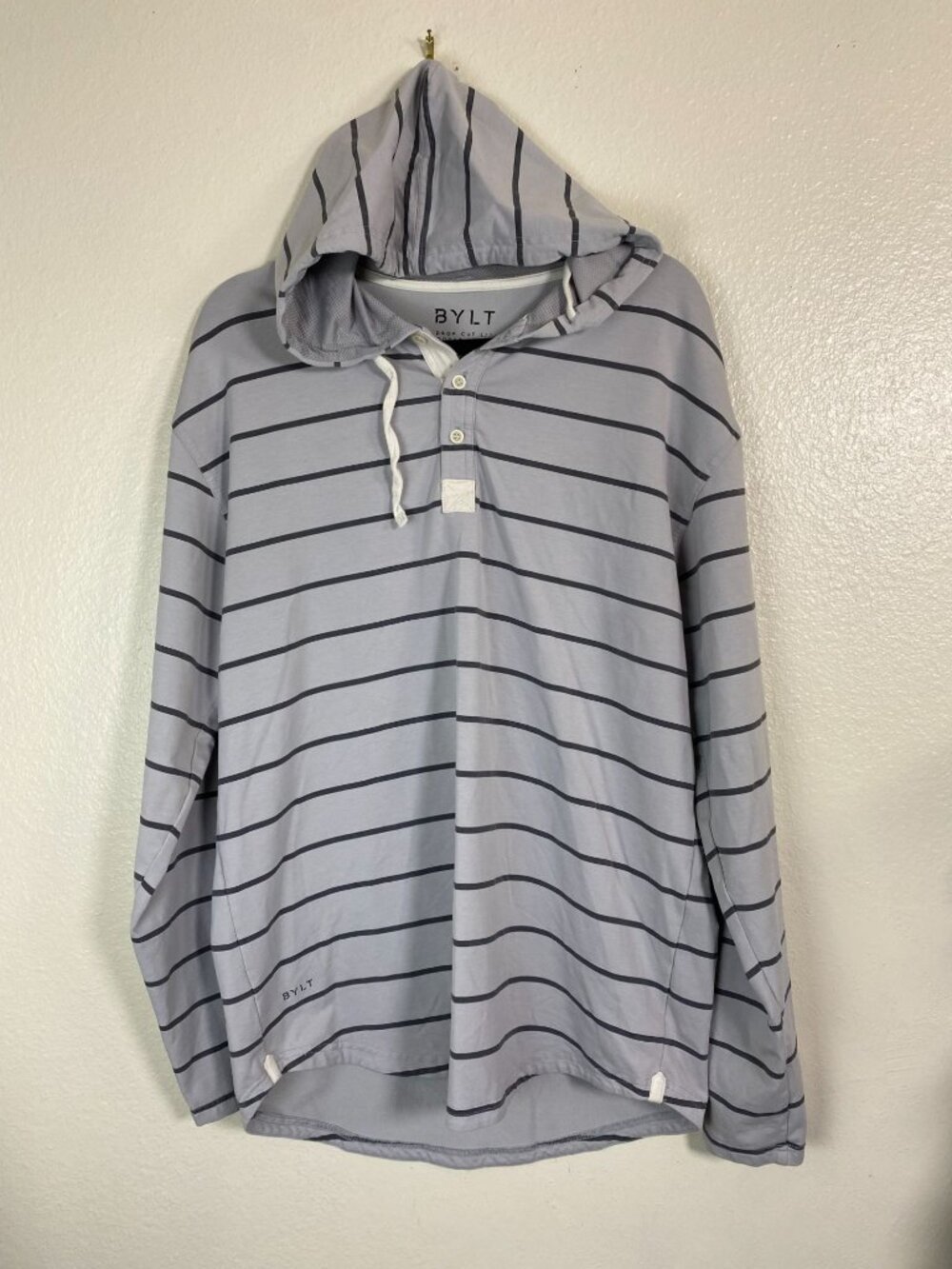 BYLT Drop-Cut Lux Hooded Henley Hoodie Size XL striped Long Sleeve Sweatshirt